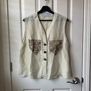 Dorothy Schoelen Platinum Sleeveless Linen Blend Top Large Beige